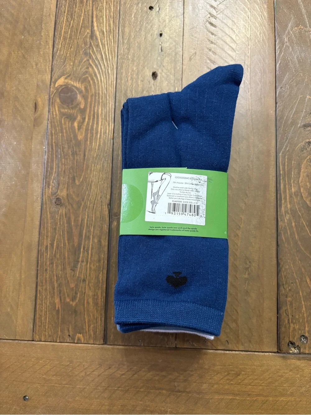 Kate Spade Blue Crew Socks with Black Heart Motif